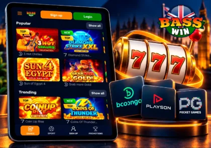 Basswin games lobby on tablet with slot and software provider markers.